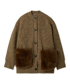 2WAYファーポケットMIXヤーンカーディガン ( BEG ) 羊毛  / ファー取り外し/ 裏地 / リブ編み /  09WND255102