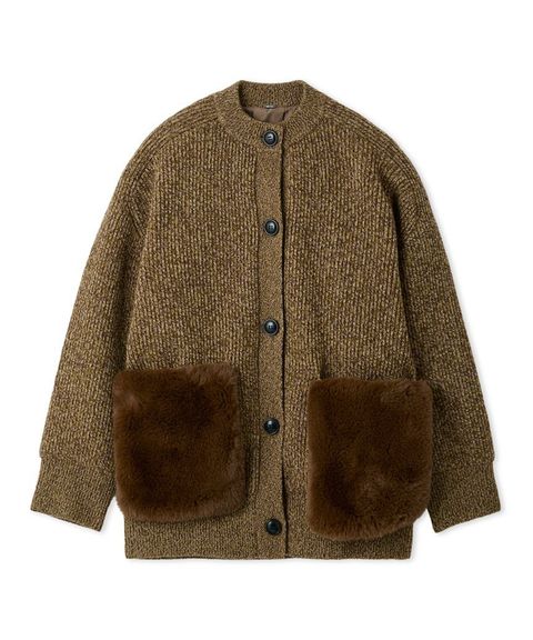 2WAYファーポケットMIXヤーンカーディガン ( BEG ) 羊毛  / ファー取り外し/ 裏地 / リブ編み /  09WND255102