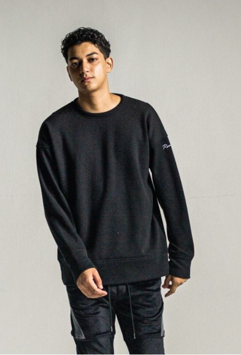 velours fleece thermal loose trainer(ブラック) ポリエステル / 裏特殊起毛ベロアフリース / オーバーサイズ / 袖アイコン刺繍 /RC34-C-002