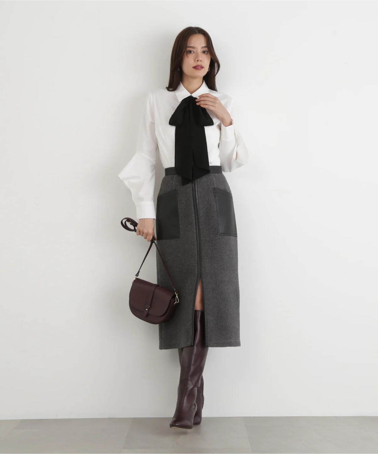 ウールレットジップスカート(ミディアムグレー)ポリエステル100% / 裏地なし / 前スリット / 0315220106