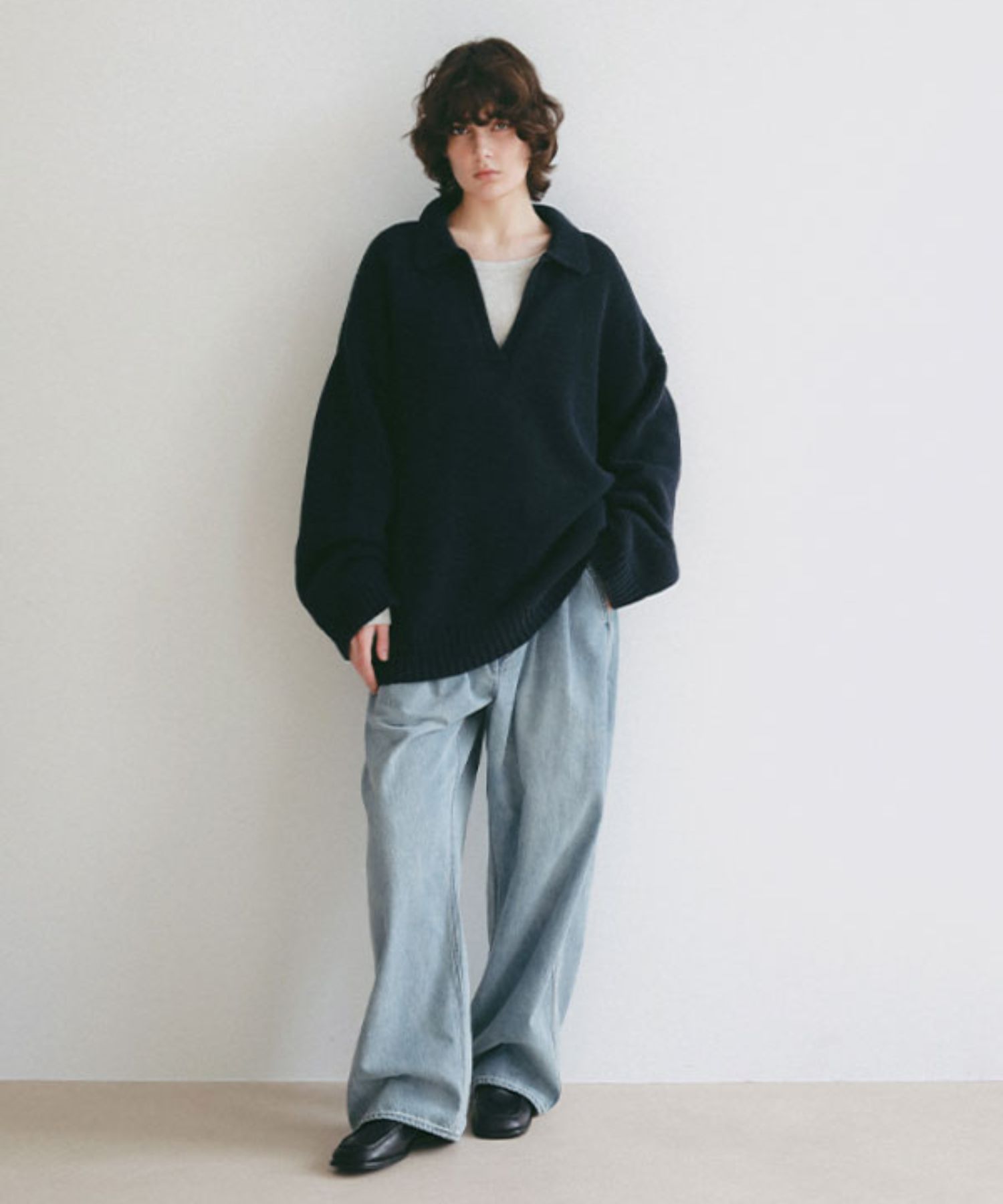 オーバーサイズスキッパーニットプルオーバー (NAVY) 綿 / ドライタッチ / 袖口と裾リブ / 柔らかい / 1226111045