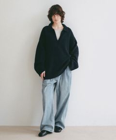 オーバーサイズスキッパーニットプルオーバー (NAVY) 綿 / ドライタッチ / 袖口と裾リブ / 柔らかい / 1226111045
