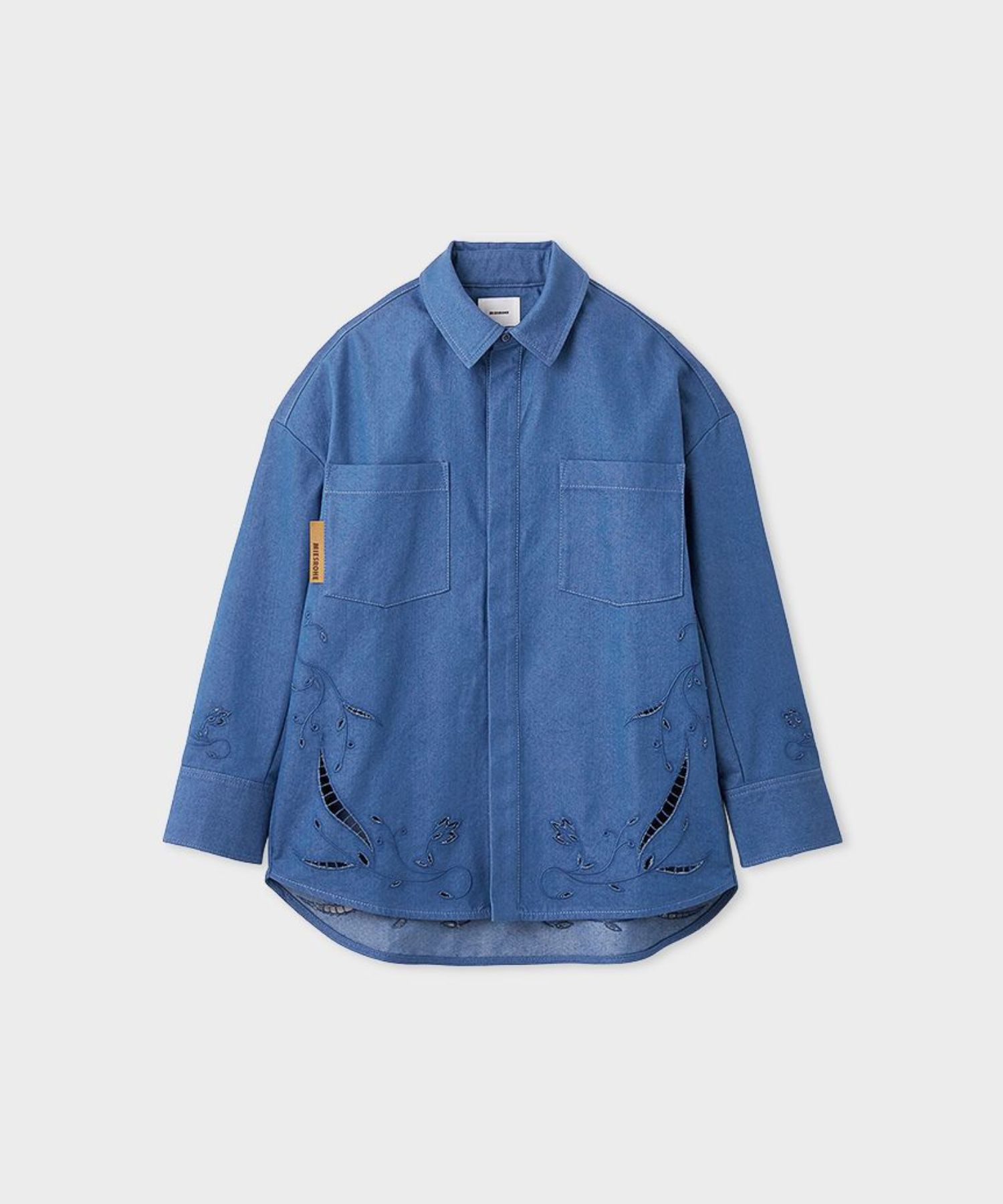 エンブロイダリーシャツ(ブルー）綿 / 刺繍デザイン / 透け感無し / 裏地無し / MWFB261029