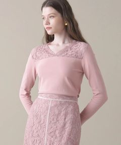 スカラレースコンビニット(ピンク)レーヨン / Vネック / ストレッチあり / 被って着用 / 0316270918