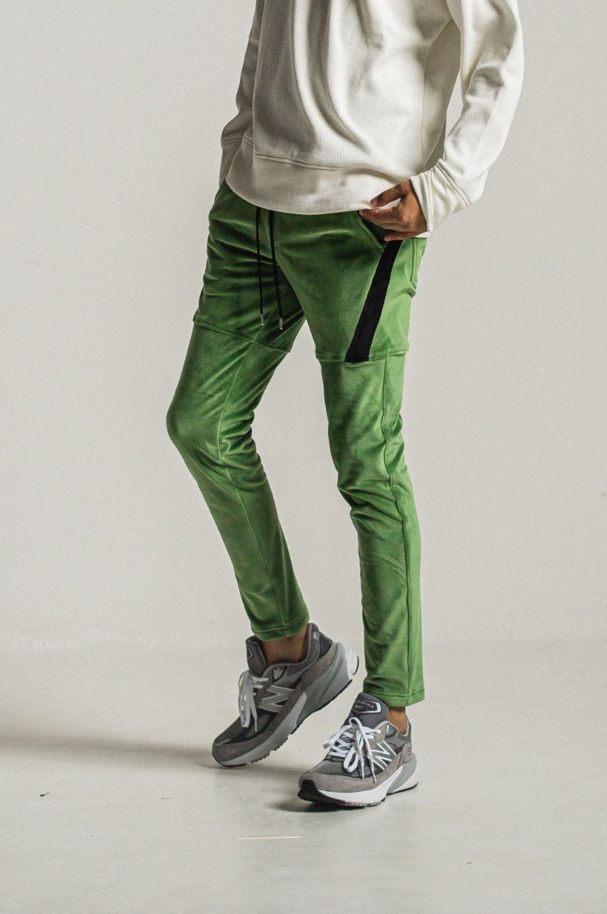 velours TYLER PANTS (GREEN) ポリエステル / ストレッチ / エコレザーサイドライン / スラッシポケット / RC34-ST-026BH