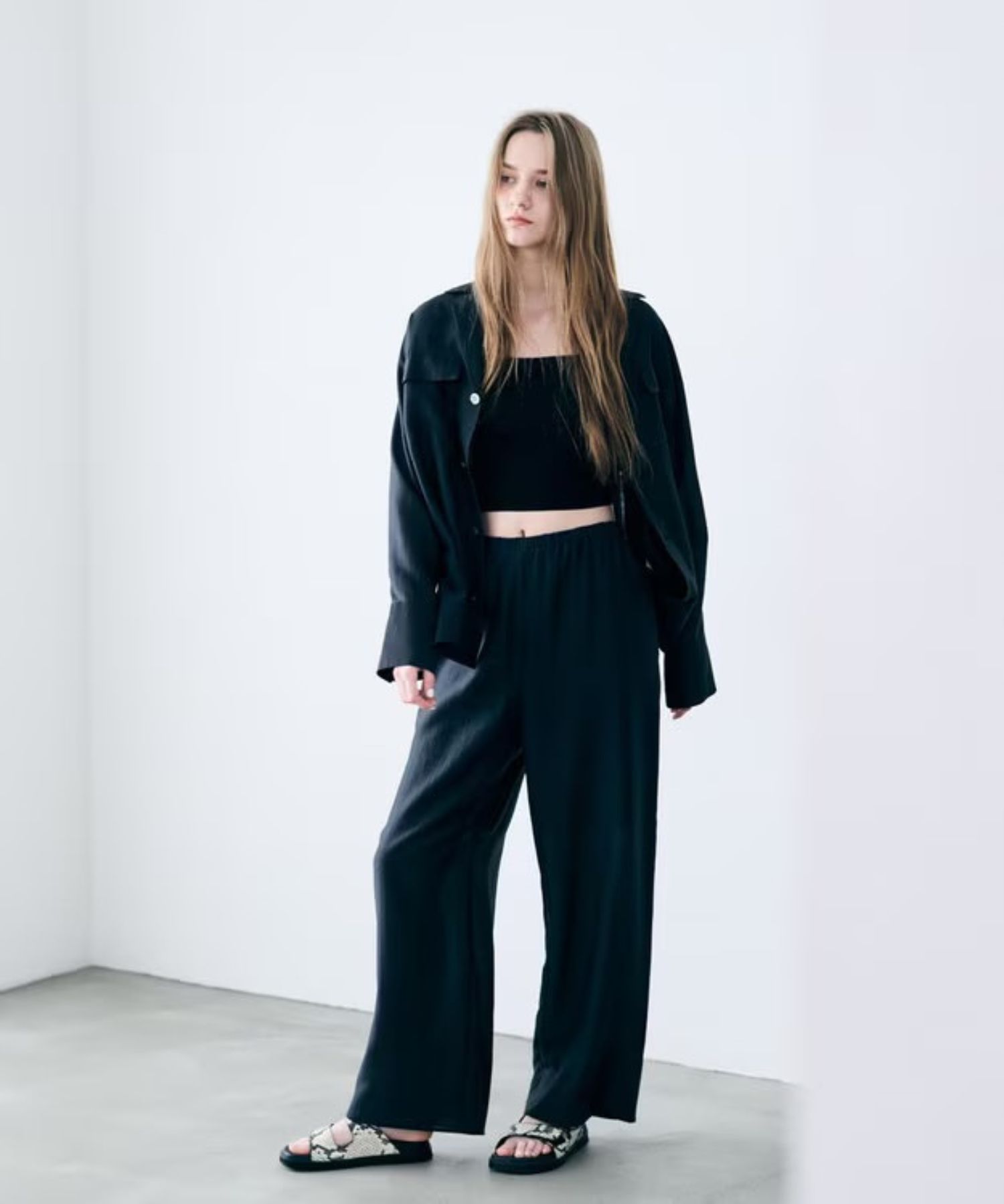 リヨセルシルクローンギャザーパンツ(ブラック) セルロース / ウォッシャブル / 手洗い可 / ウエストゴム / PRUVLM0405