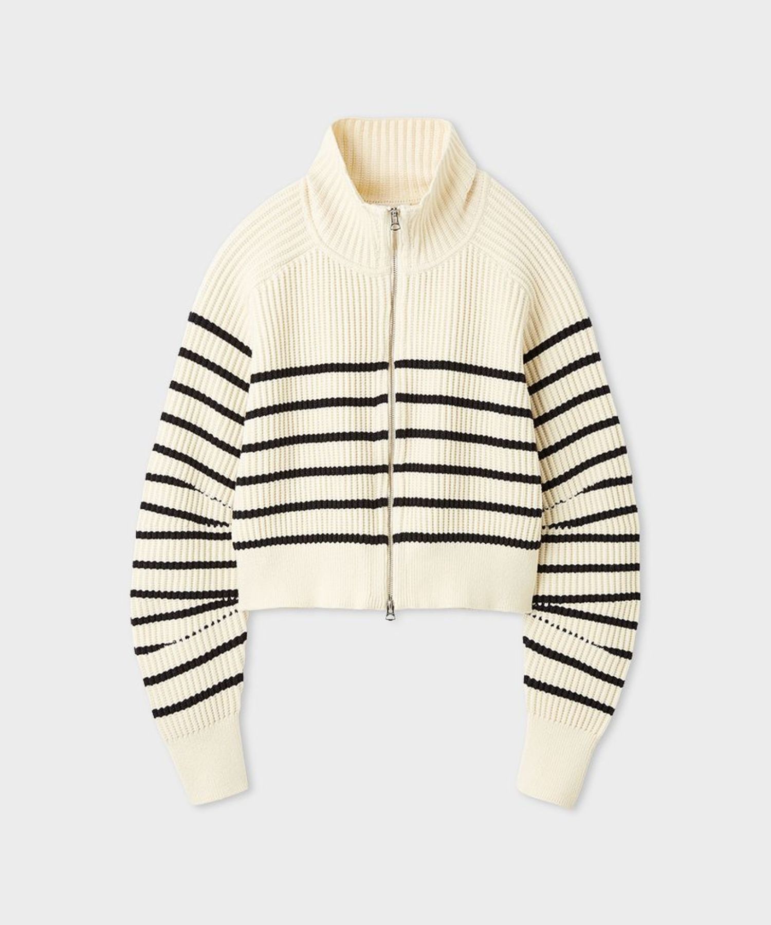 ハイネックニットジップアップカーディガン(ボーダー) 綿 / リンクス編み / ジップアップ / ハイネック / MWND261015