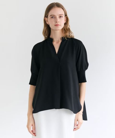 FLEUR / 異素材カフス スタンドカラーブラウス (Navy) トリアセテート / 袖口のニット/ ラグランスリーブ / 手洗可 / BLCWLM0404