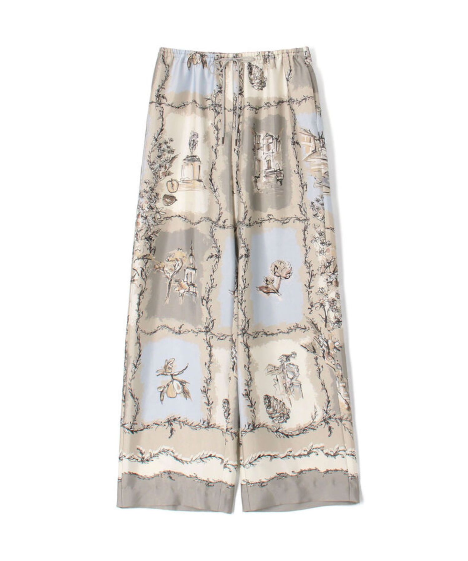 ローマプリント ドローストリングパンツ( ライトベージュ系) ポリエステル / ウエストゴム / ストレートシルエット / 裏地無し / 手洗可 / 13-04-62-04252