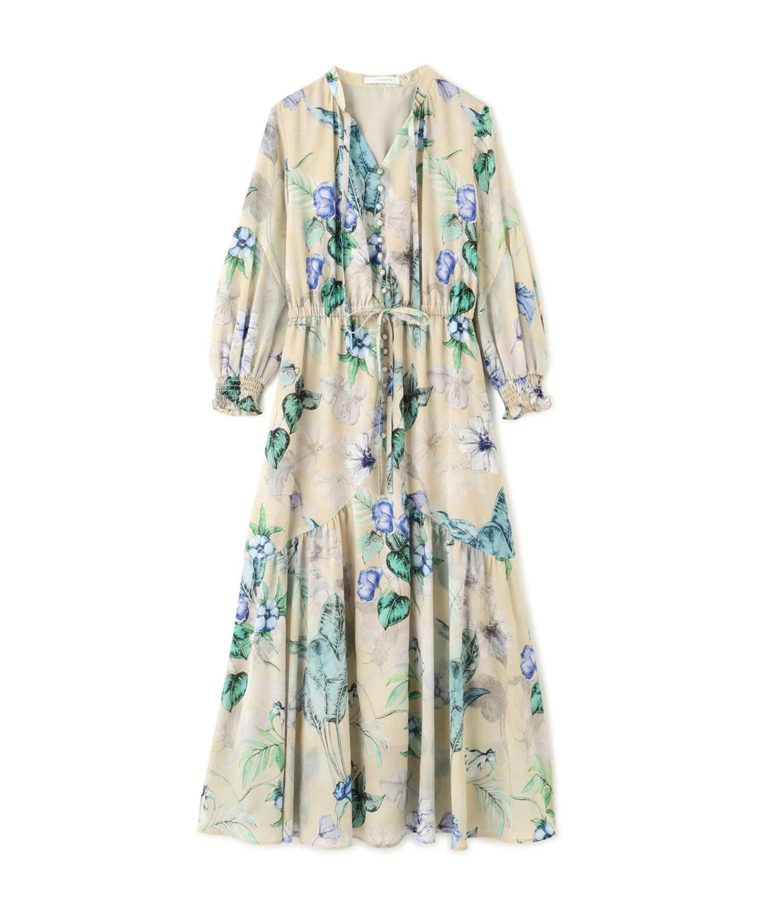 ボタニカルアートプリントワンピース(ベージュ系)ポリエステル / ストレッチ無し / 身頃のみ裏地付き / 両脇にポケットあり×2 / ウエストにゴム+共ひも入り / 前釦は飾り / 0316140317