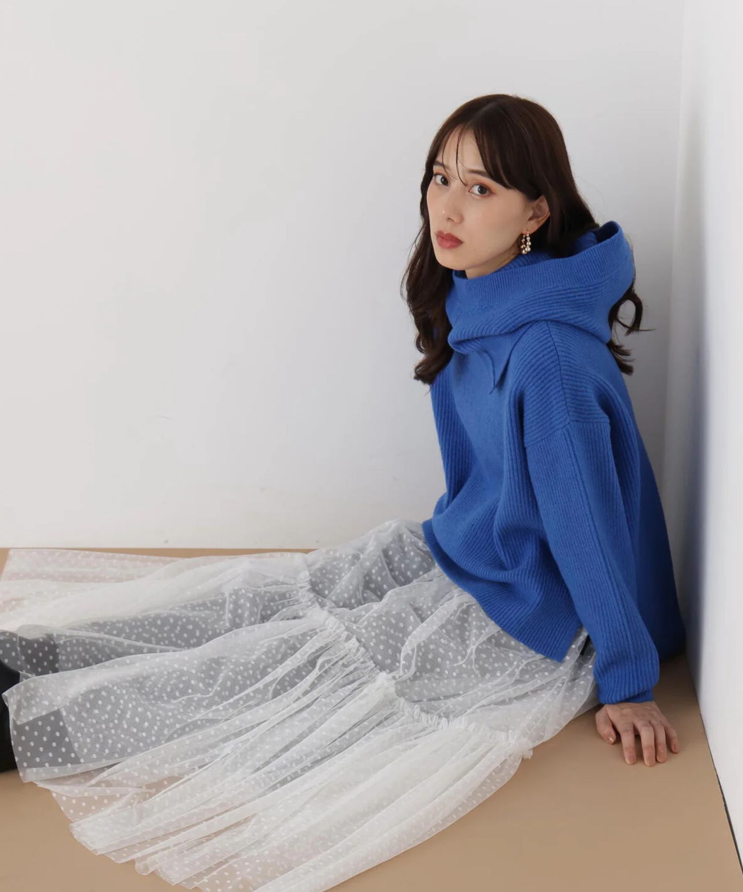 フードスヌード付きニットプルオーバー(ブルー)アクリル / ストレッチあり / かぶって着用 / スヌード付き/ 0316170131