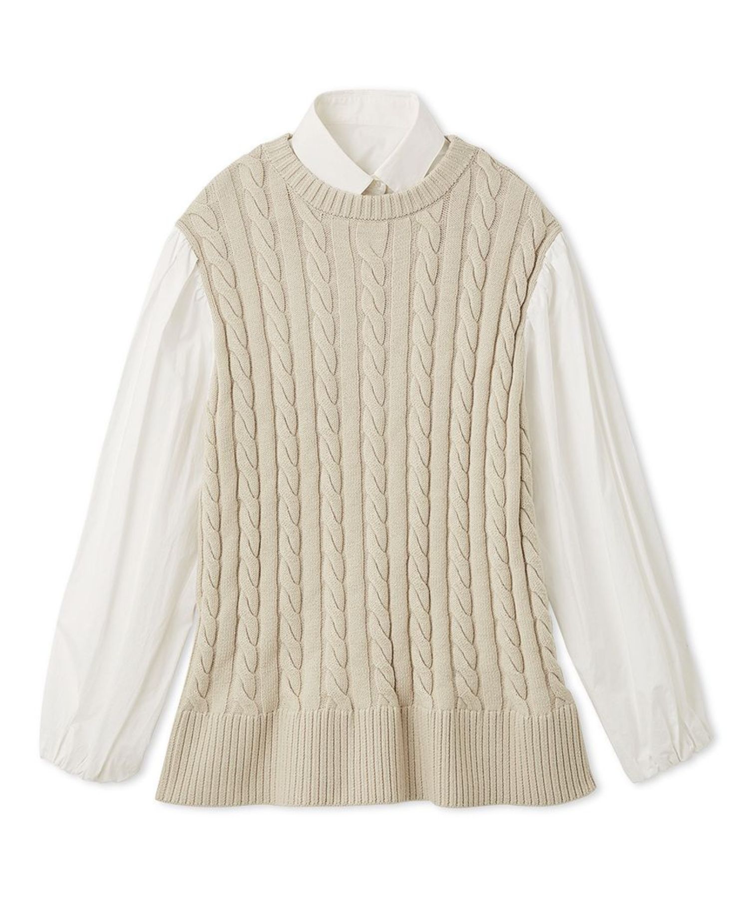 付け衿付きシャツドッキングケーブルニット ( LBEG ) 綿 /チュニック丈 / 透け感無し / 伸縮性有り /  09WNT261021