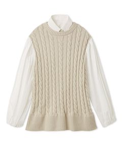 付け衿付きシャツドッキングケーブルニット ( LBEG ) 綿 /チュニック丈 / 透け感無し / 伸縮性有り /  09WNT261021