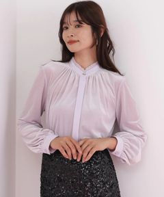 ベルベットコンビギャザーブラウス(ラベンダー)ポリエステル / ウォッシャブル / ストレッチあり / 裏地無し / 前比翼釦あき / 0315210118
