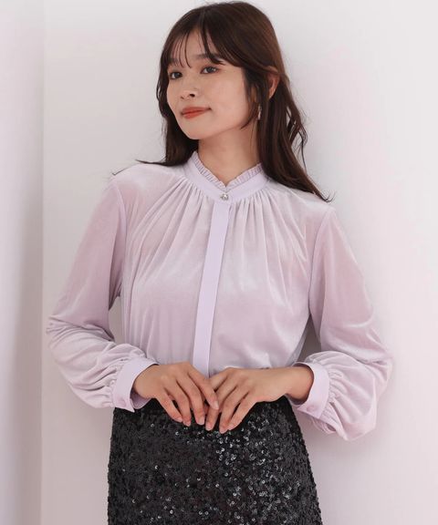 ベルベットコンビギャザーブラウス(ラベンダー)ポリエステル / ウォッシャブル / ストレッチあり / 裏地無し / 前比翼釦あき / 0315210118