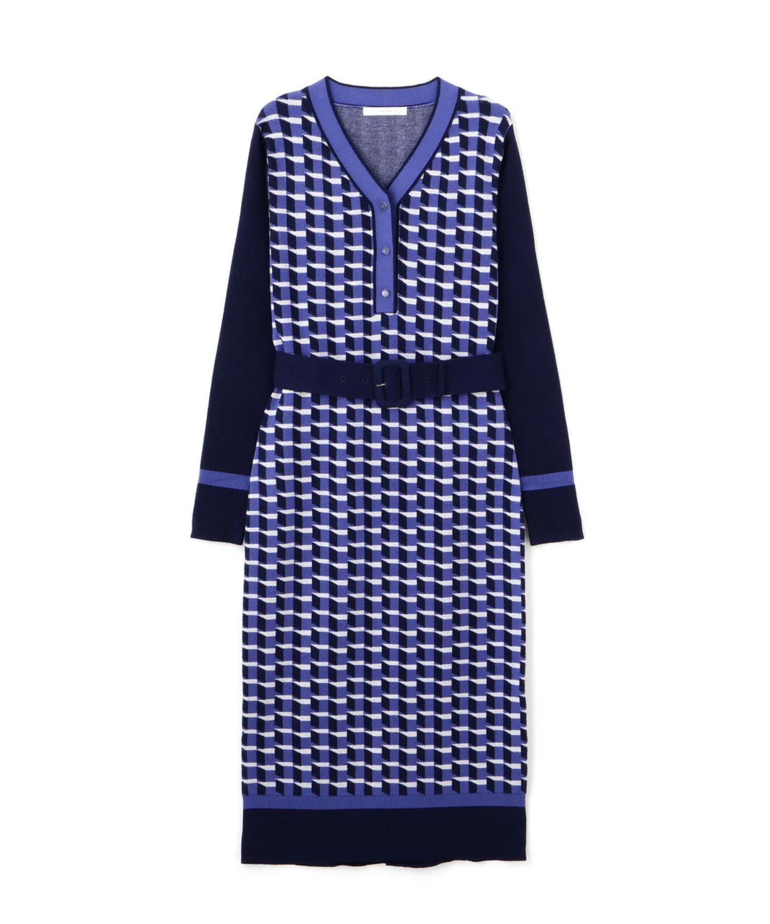ジオメトリックジャガードニットワンピース(ブルー)レーヨン / 裏地無し / 袖釦あり / 前ベンツ / ベルト付き / ストレッチあり / 0315247113