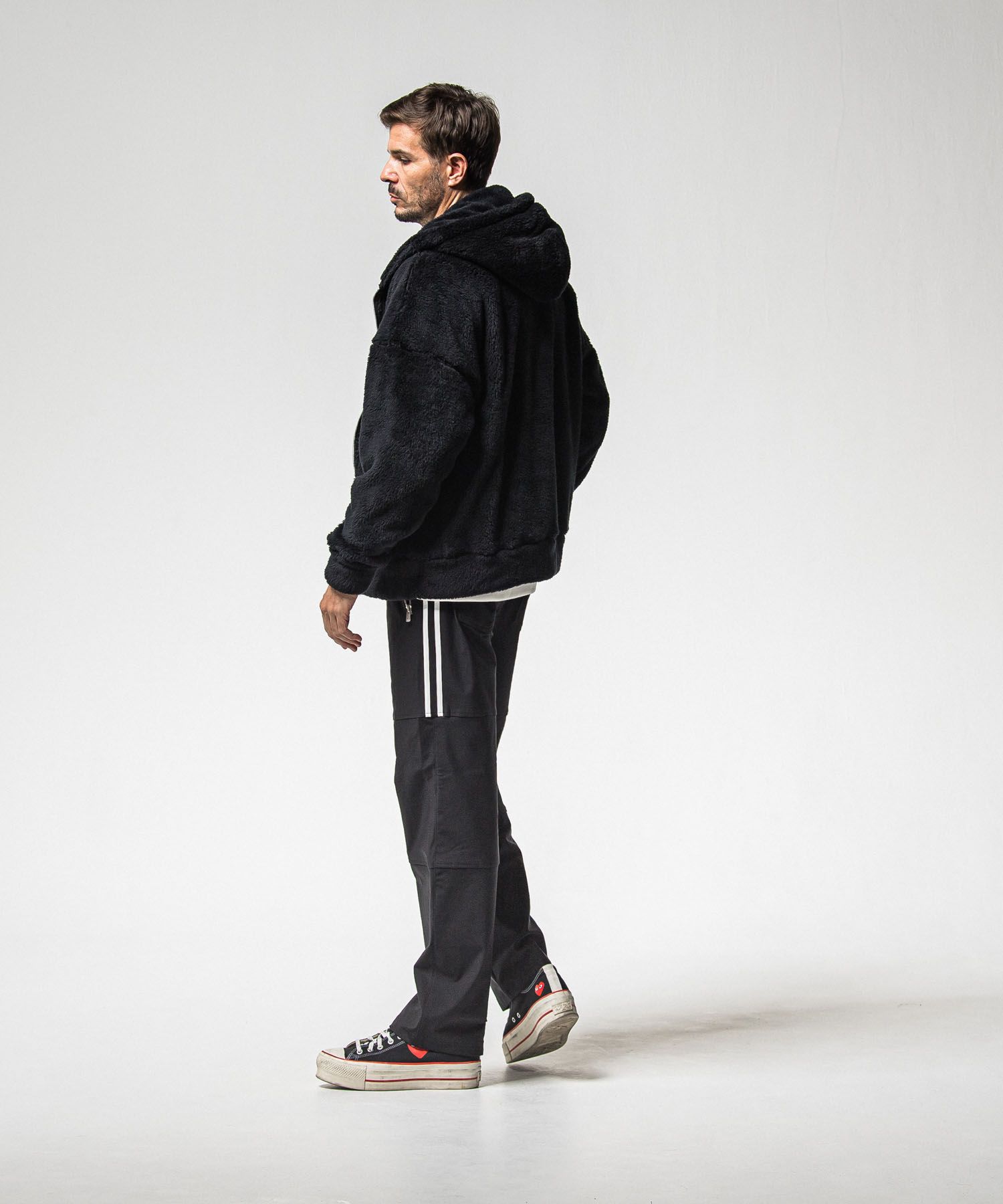 BOA zip loose hoodie (BLACK) ポリエステル / サイドパッチポケット / オーバーサイズ /ドロップショルダー / 軽量 /   RC38-C-007