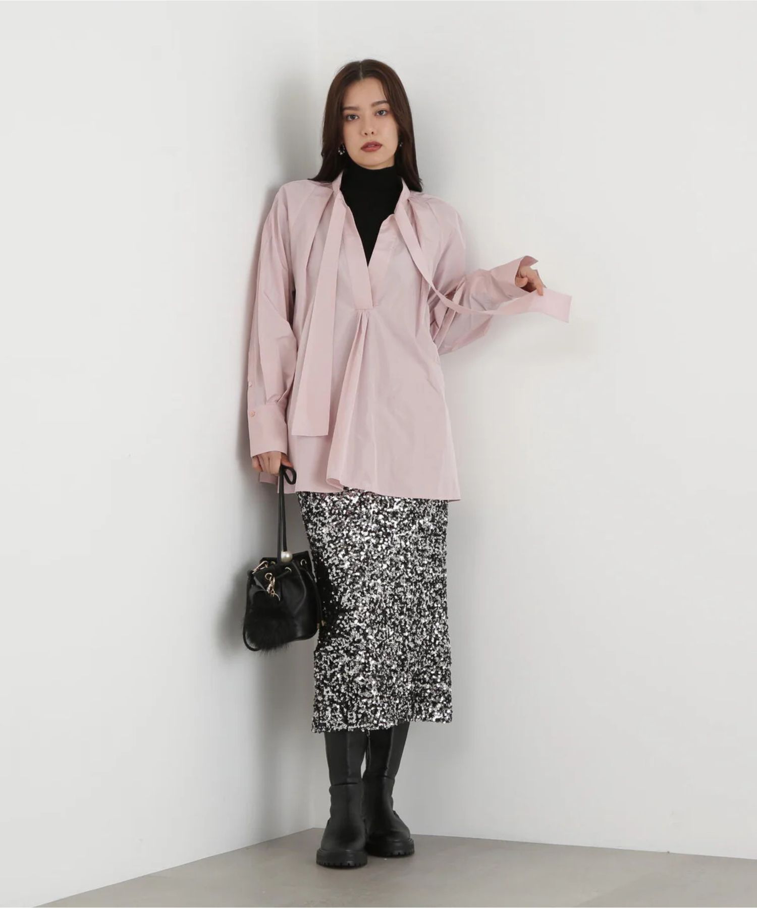 タックフレアボウブラウス(ローズピンク)ポリエステル100% / 手洗い可 / 形状記憶 / 0315210105