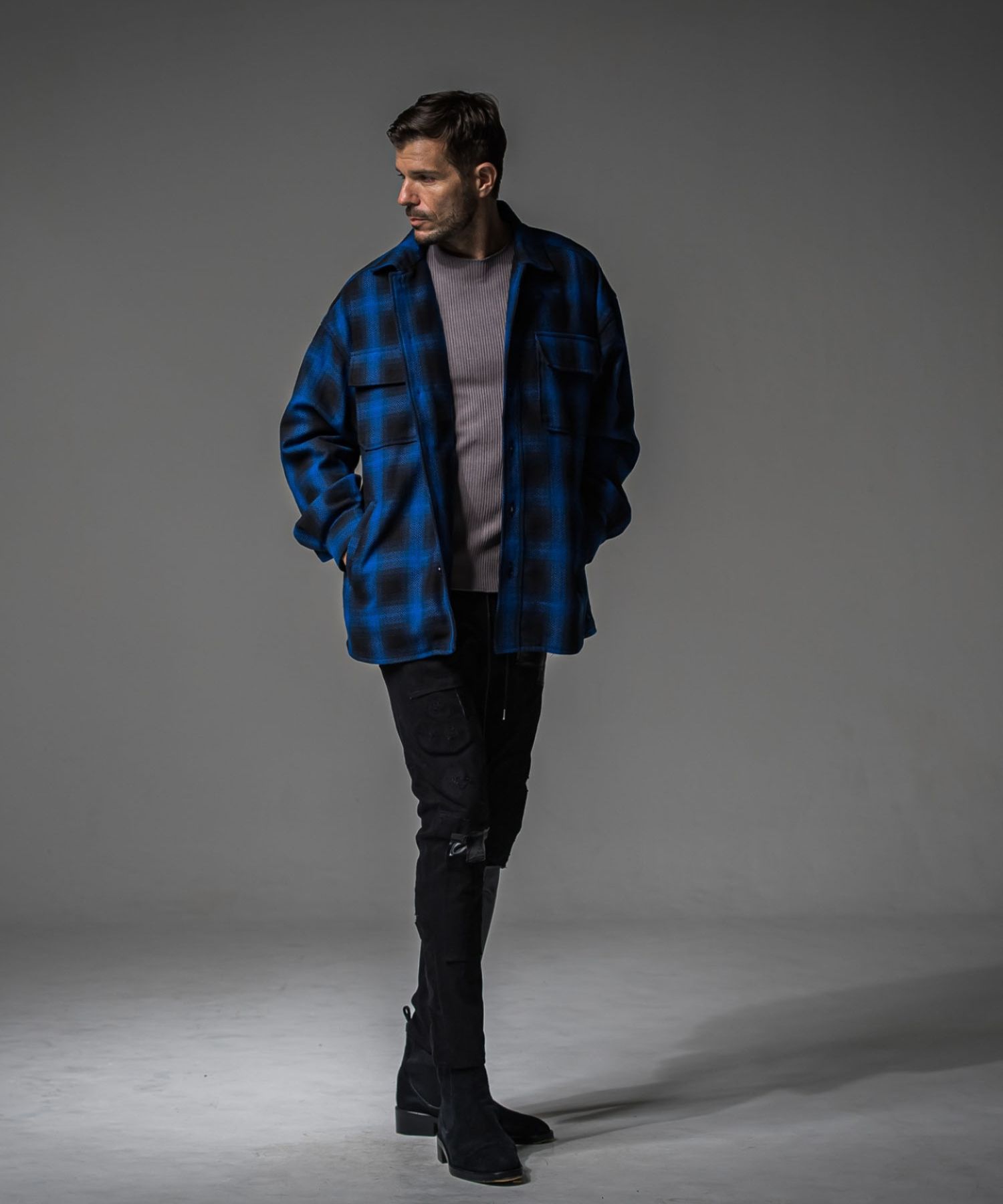 CHECK CPO SHIRTS JK (BLUE CHECK ) COTTON /オーバーサイス/  ドロップショルダー / フラップポケット / 手洗可 /  RC37-JK-004