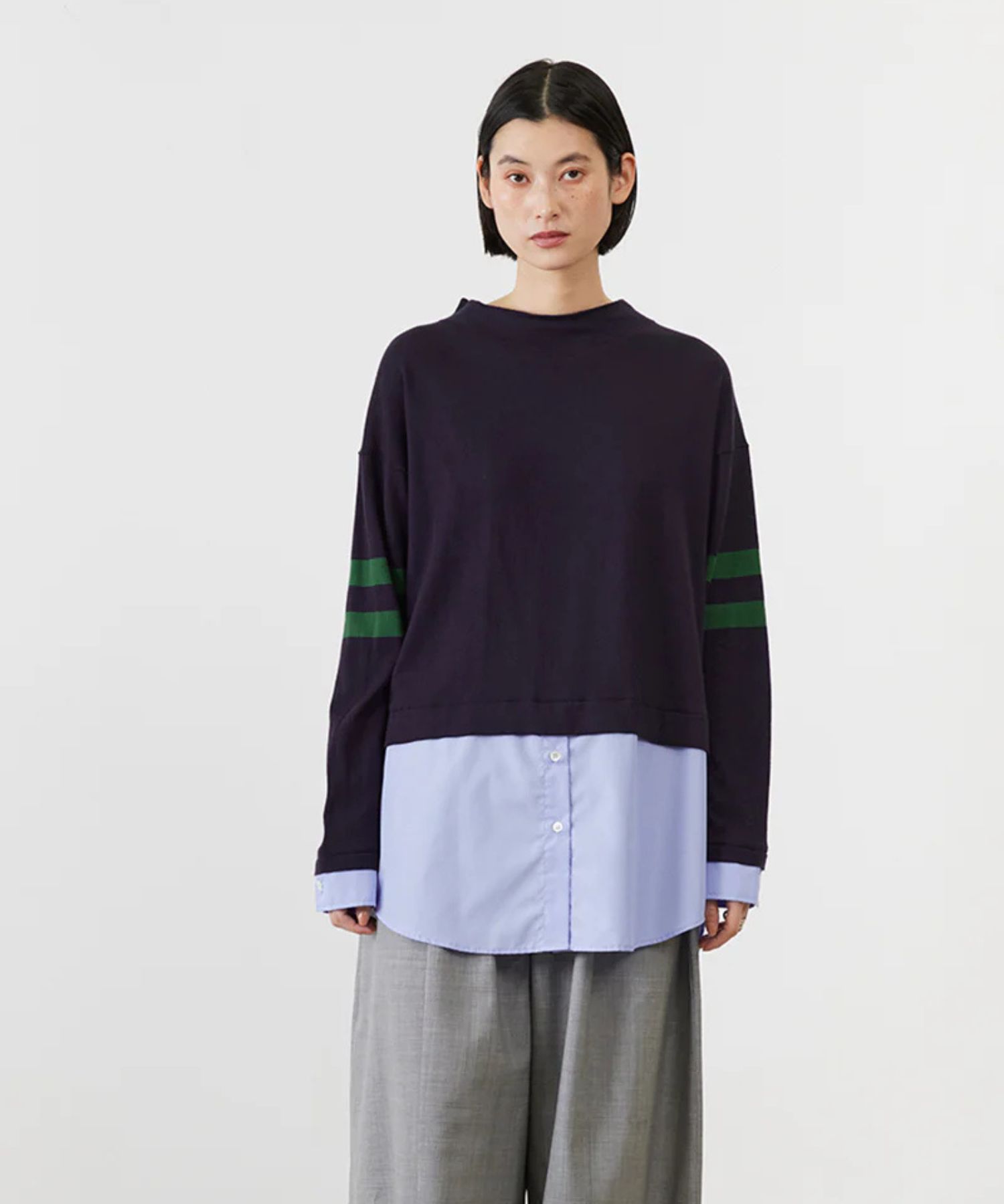 SEAISLAND COTTON LAYERED TUNIC (MIDNIGHT) 綿 / 袖ライン / 柔らかい / シャツドッキングデザイン / ADWS-501-17