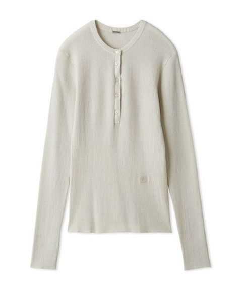 ヘンリーネックシアーリブニットプルオーバー (WHT) 綿 / ラメ / シェルボタン / 伸縮性有り / 09WNT254108