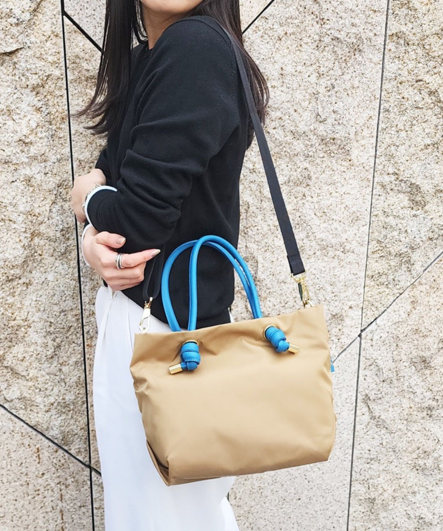 BIANCA / V-2174 / Taupe × Black / ノットハンドルナイロントート / Sサイズ / ビアンカ（トープ×ブラック）ナイロン / 牛床革（Italian leather）/ 2WAY / ショルダーストラップ付き / V-2174