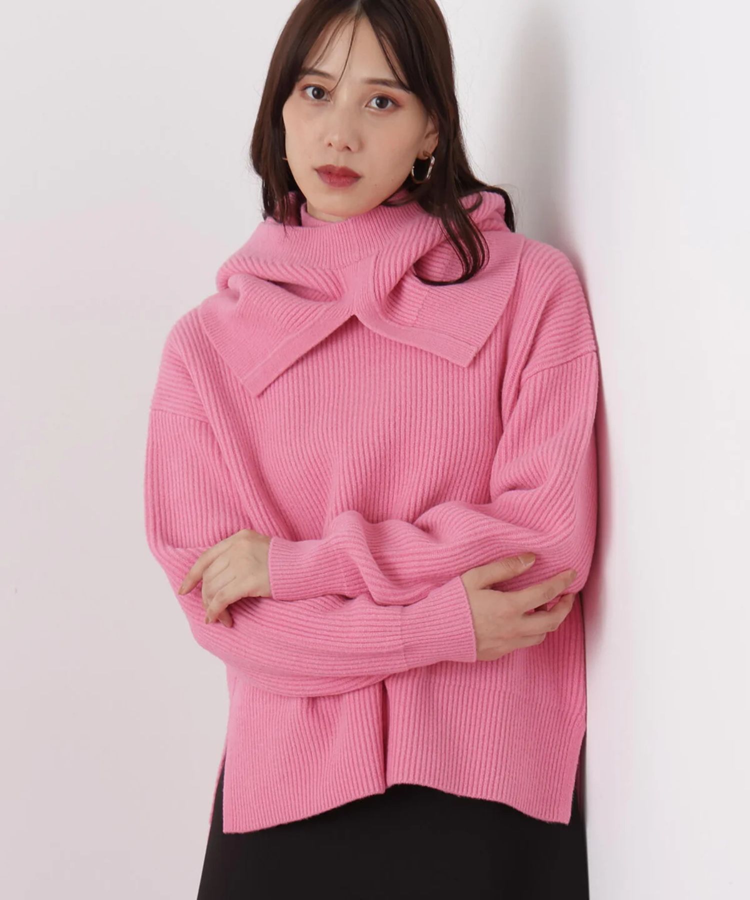 フードスヌード付きニットプルオーバー(ピンク)アクリル / ストレッチあり / かぶって着用 / スヌード付き/ 0316170131