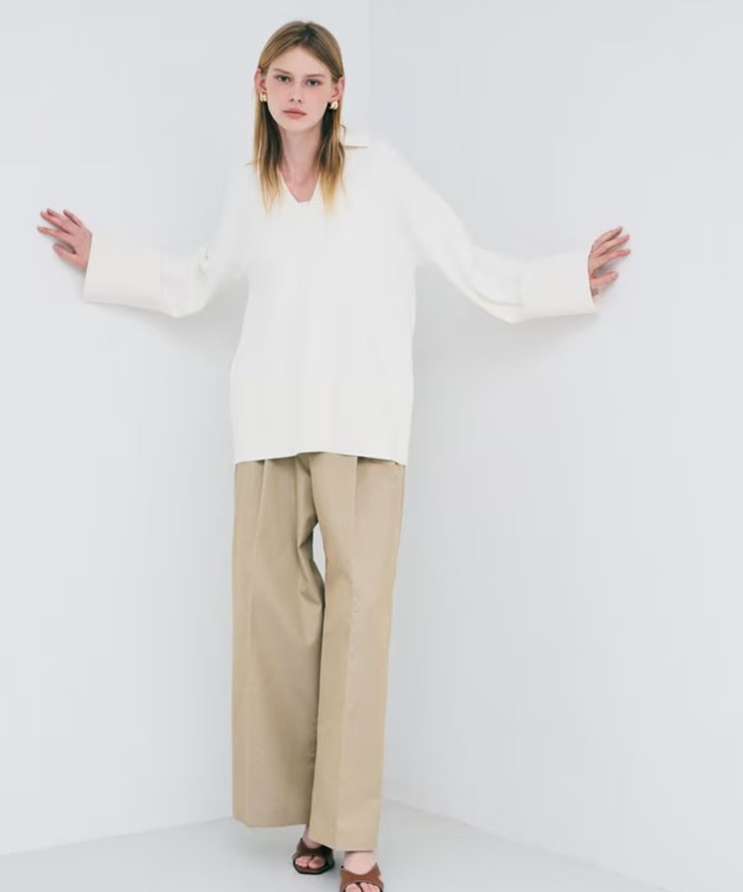 チノギャバジンワイドトラウザー(ベージュ) 綿 / ウォッシャブル / 手洗い可 / 撥水加工 / ハイウエスト/ PRUVLS3810