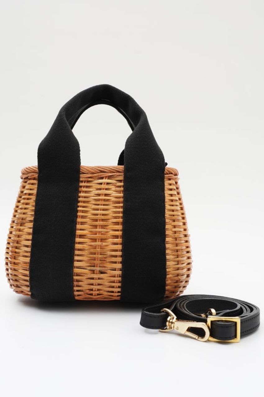 MIRO / V-8315 / Camel（Black）スプリットラタン / テープハンドルバッグ（ブラック）ミロ / カラーテープ / スカーフ / ショルダーストラップ付き / カゴバッグ / LEE 4月号掲載商品【正規販売店】