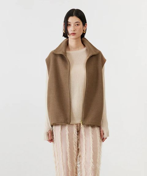 WOOL SILK BLENDED LIGHT ZIP VEST (TAUPE) 綿 / サイドポケット / ダブルZIP / 裾ドローコード / ADWS-501-22