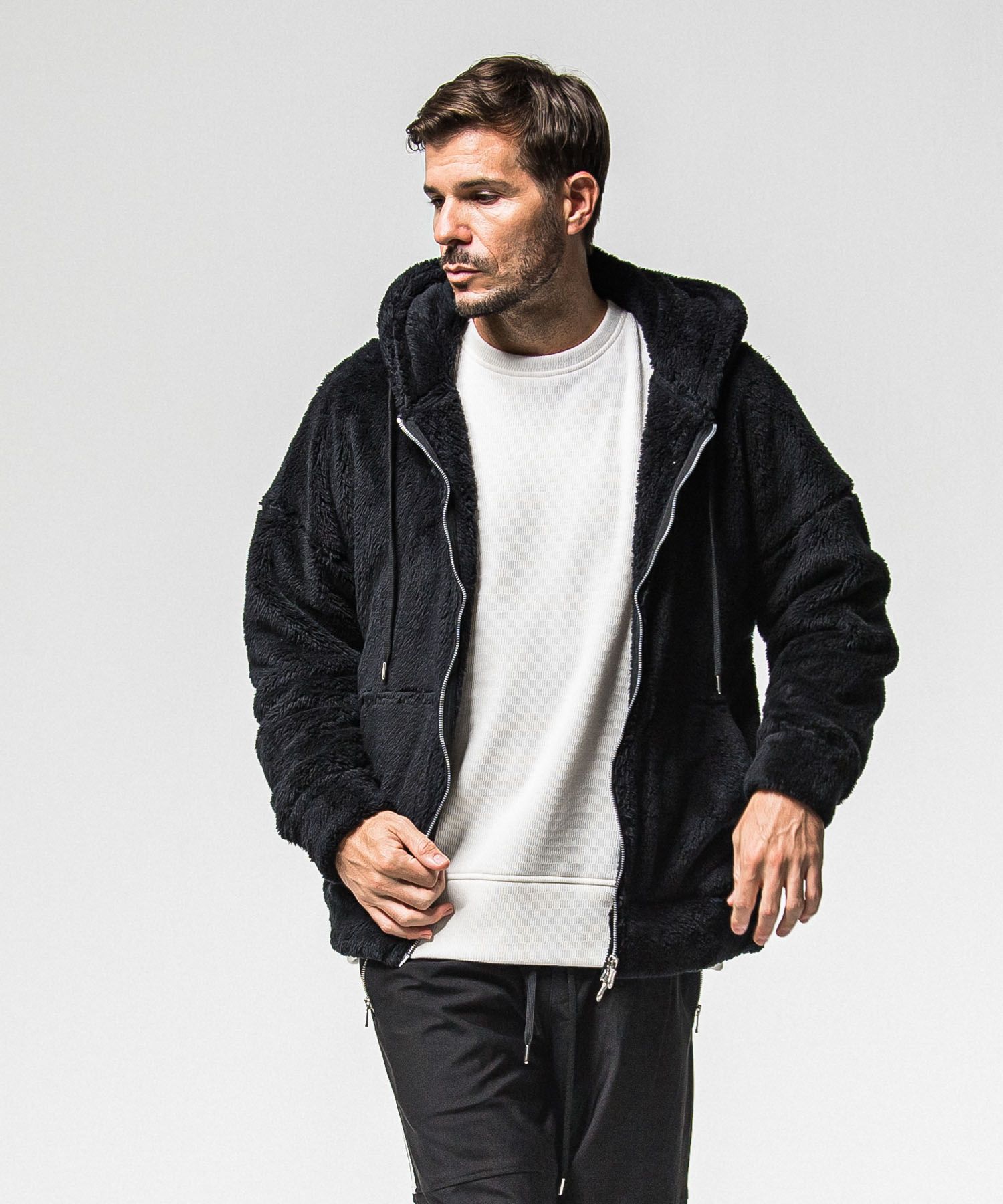 BOA zip loose hoodie (BLACK) ポリエステル / サイドパッチポケット / オーバーサイズ /ドロップショルダー / 軽量 /   RC38-C-007