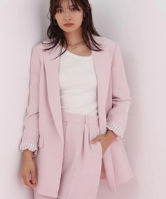 ストライプスリーブジャケット(フラミンゴピンク) ポリエステル / ストレッチ無し / 総裏 / ポケット×3/ 前あきは止めなし / 肩パットあり / 袖口は本あき / 0316150104