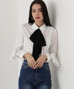 ラッフルスリーブリボンブラウス(ホワイト)コットン /ウォッシャブル / 手洗い可 / 裏地無し / 袖カフス上にスリットあり / 0315210119