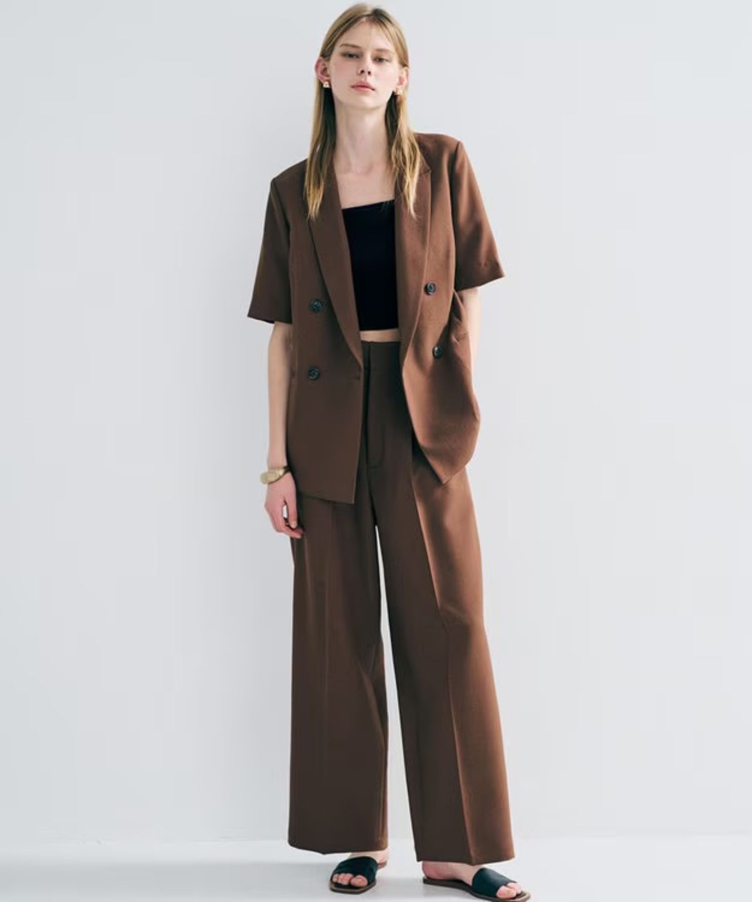 ウォッシャブルドライサップワイドパンツ(キャメル) ポリエステル / サスペンダー付き / ハイウエスト / センタープレス / バックスタイルゴム / PRUVLM0401