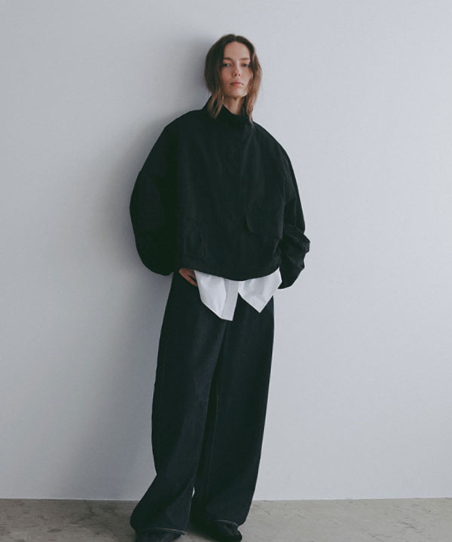 スカーフライトシャツブルゾン(BLACK) 綿 / スカーフ付き / 裾ドローコード付き / フロントポケット付き / 1226202069