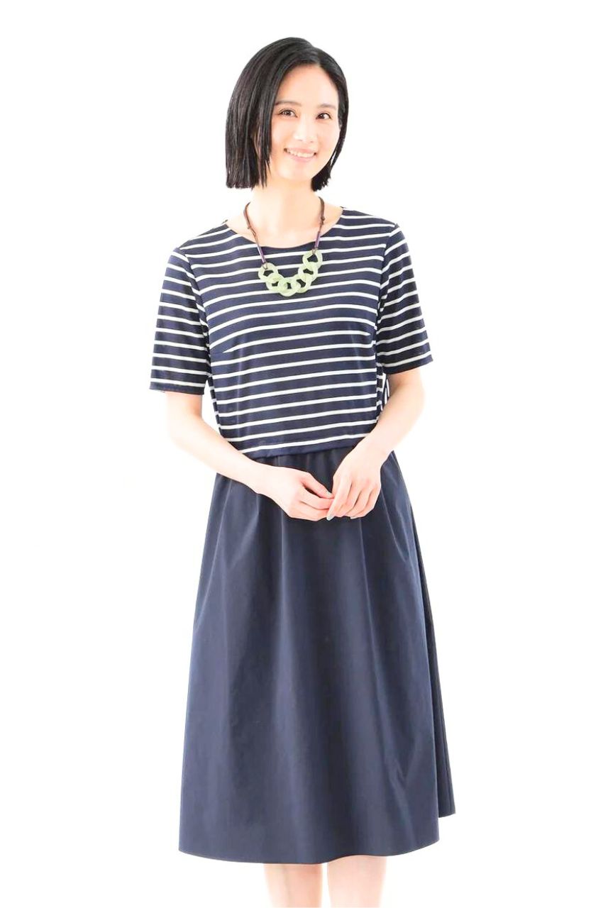 ボーダーコンビネーションワンピース (ネイビー) 再生繊維 / ウォッシャブル / 抗菌 / 消臭 / U1J-76-373-28