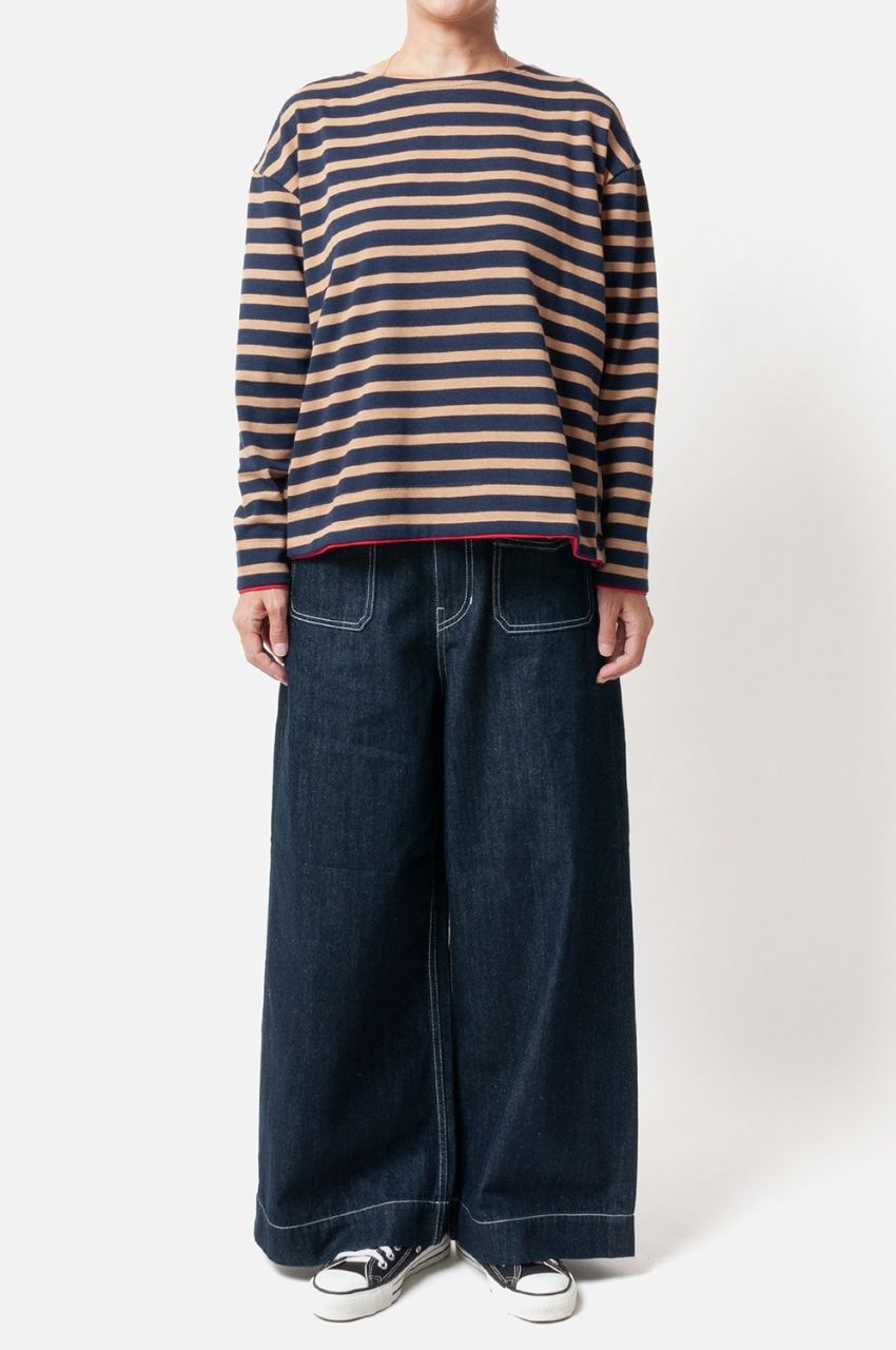 Side open basque shirt (ライトブラウン) 綿 / サイドボタン / ボーダー/ 配色  /BK242-22253