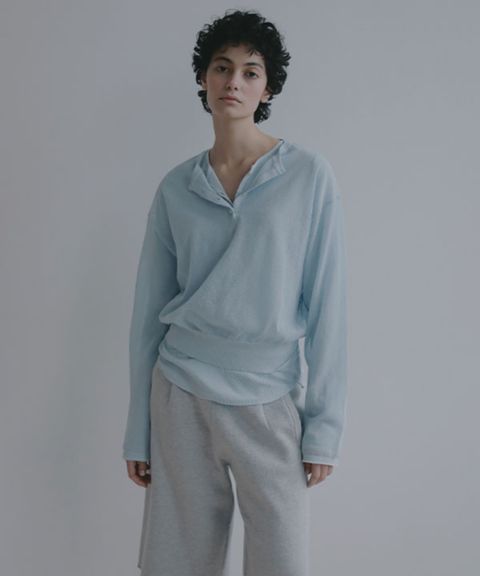 ヘンリーネックシアーニットプルオーバー(ライトブルー) 綿 / ウォッシャブル / 手洗い可 / シアー素材 / 1226211066