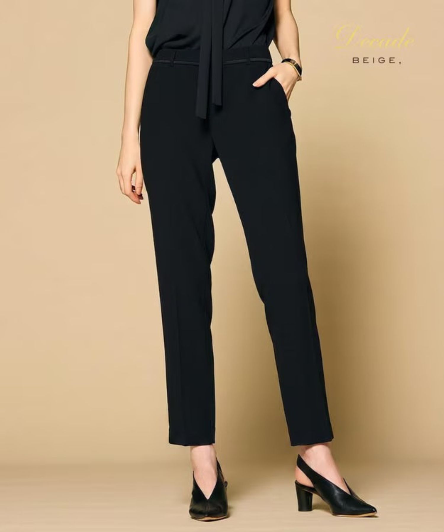 CINDY / クロップドパンツ( Black x Black ) トリアセテート/ 腰まわり配色ライン  /  通年着用 / 手洗可 / PRCWLA0719