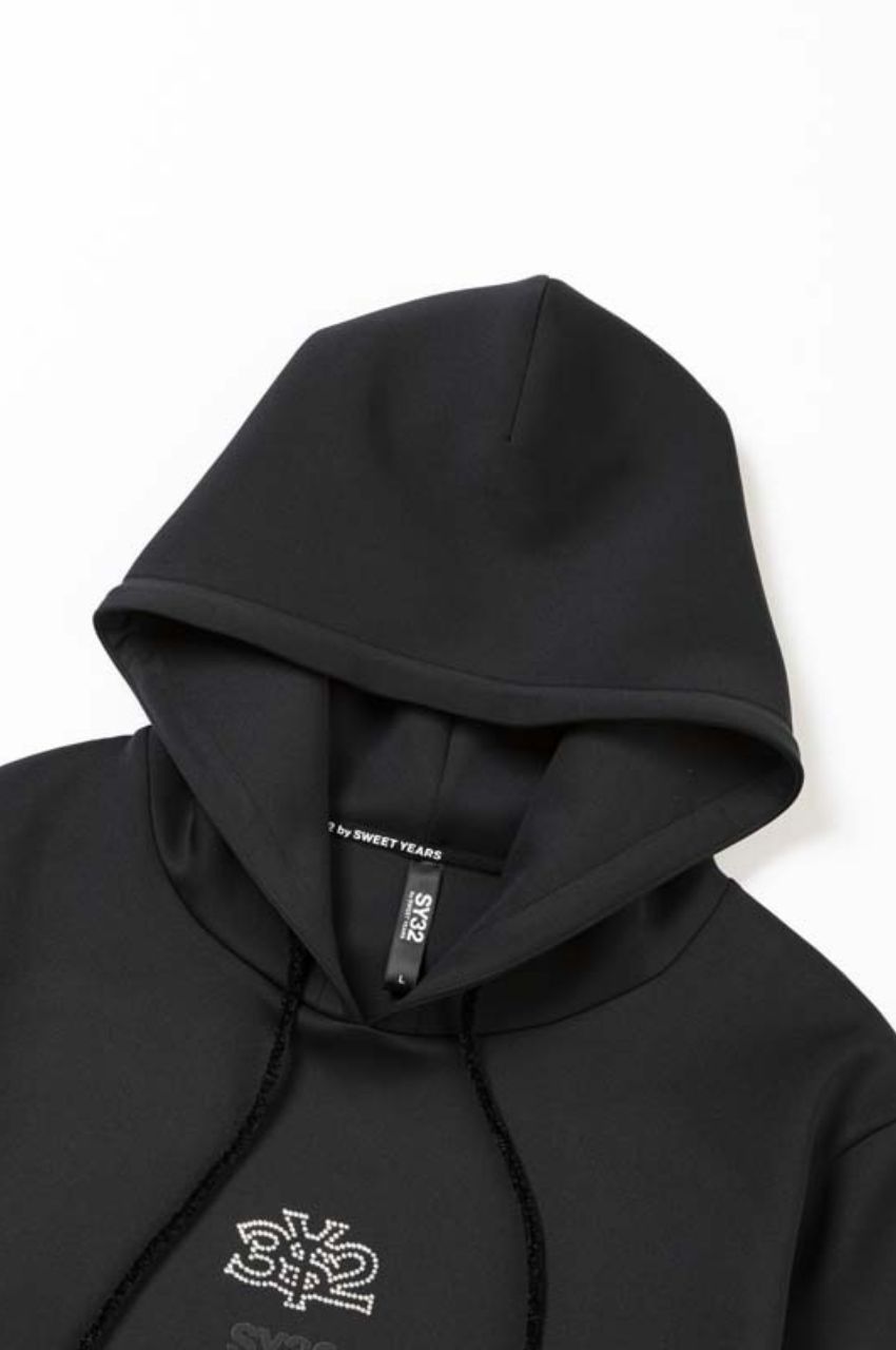 DOUBLEKNIT RHINESTONE LOGO P/O HOODIE (ブラック) ポリエステル / ラインストーンロゴ / ストレッチ / 艶感有り / 15002