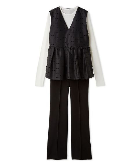 ペプラムベスト×リブニット×シガレットパンツ3点SET(BLK) ポリエステル / 裏地無し /パンツウエスト後ろゴム / ペプラムカットジャガード  / 09WFO264157
