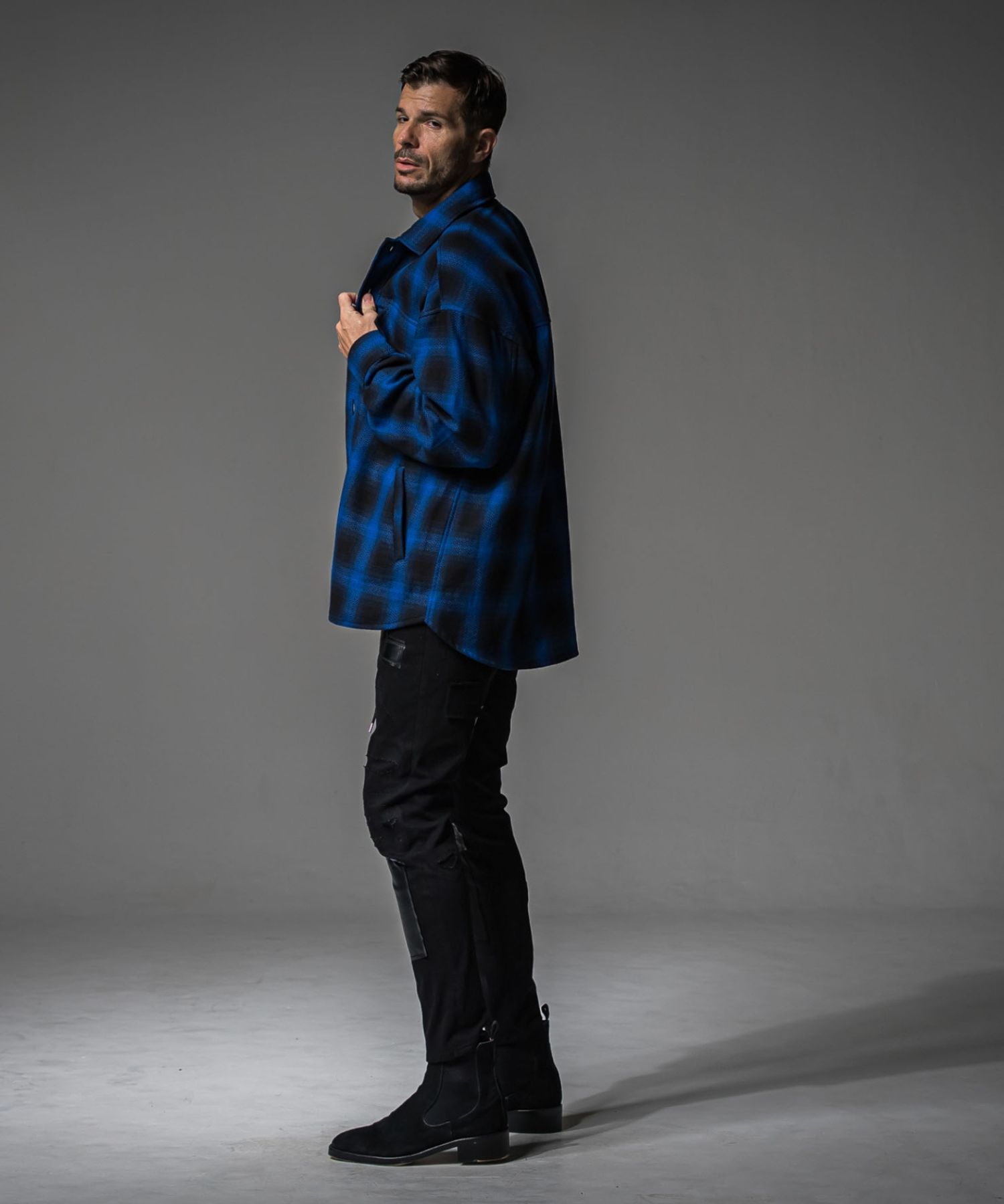 CHECK CPO SHIRTS JK (BLUE CHECK ) COTTON /オーバーサイス/  ドロップショルダー / フラップポケット / 手洗可 /  RC37-JK-004