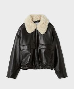 ファー衿ショートブルゾン(ブラック)合成皮革 / 取り外しファー衿付き / コクーンシルエット / MWFJ255013