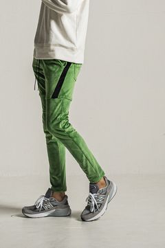 velours TYLER PANTS (GREEN) ポリエステル / ストレッチ / エコレザーサイドライン / スラッシポケット / RC34-ST-026BH