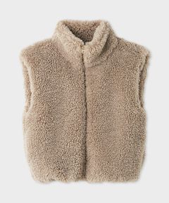 フェイクファージップアップベスト(ベージュ) ポリエステル / ショート丈 / ポケット付き / 裏地あり / MWFV255040