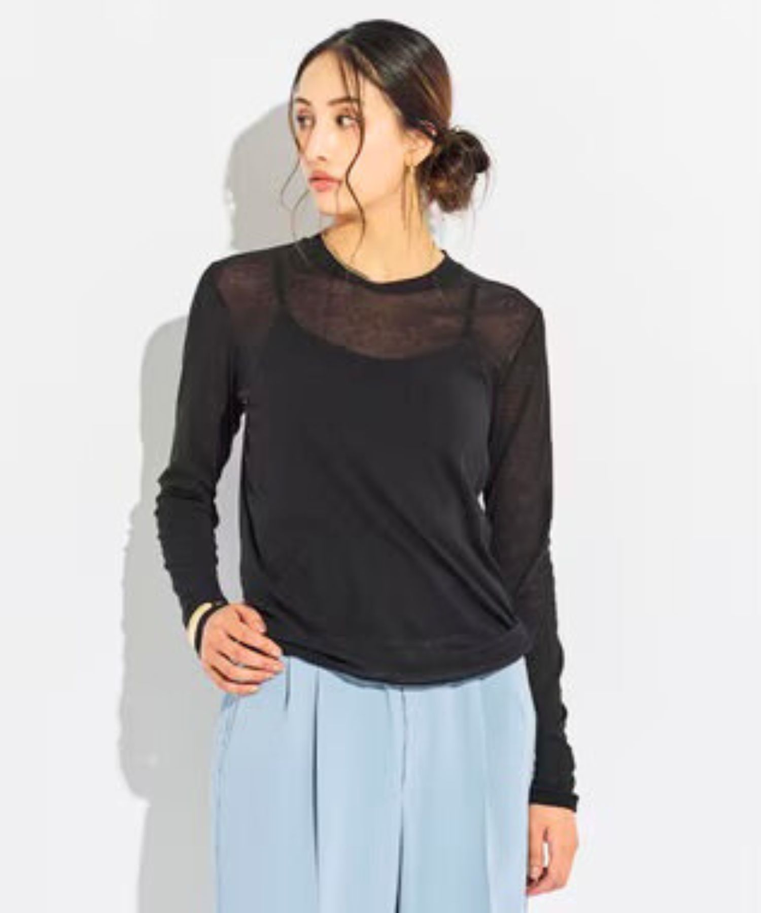 SORE / コットンシアークルーネックカットソー (Black) コットン / ハイゲージに編み / 透け感有り / 手洗可 / KKCWGW0603