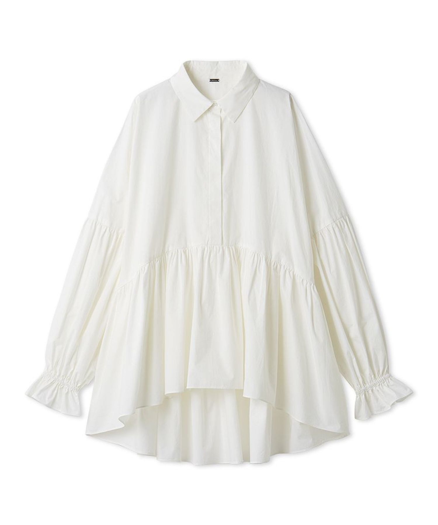 シャツ衿ギャザーチュニックブラウス ( WHT ) 綿 /ベルスリーブ/ 比翼仕立て / 袖口 ゴム / 手洗可 /09WFB261037