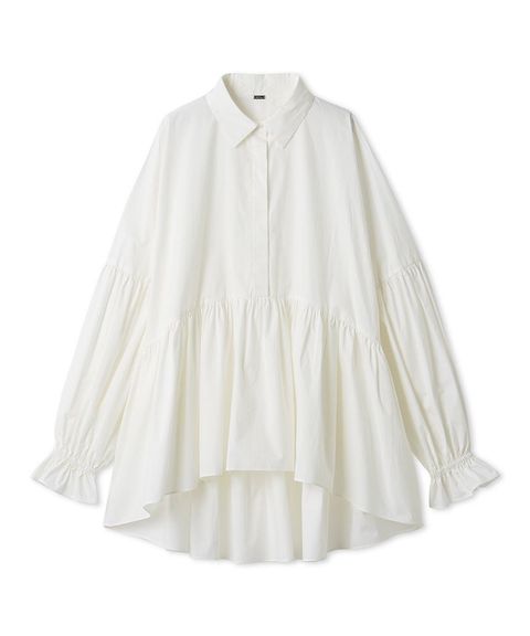 シャツ衿ギャザーチュニックブラウス ( WHT ) 綿 /ベルスリーブ/ 比翼仕立て / 袖口 ゴム / 手洗可 /09WFB261037