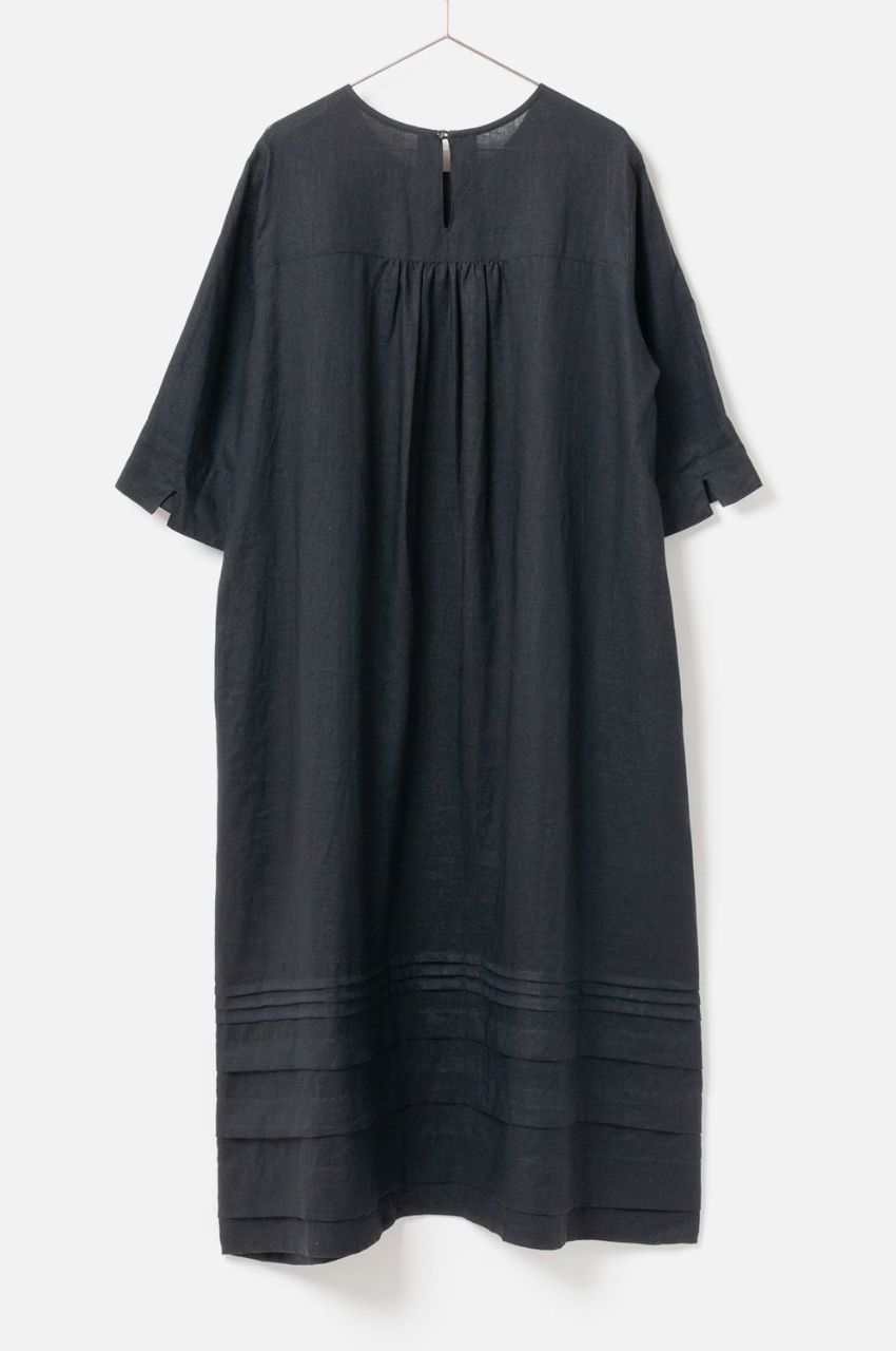 Linen Long Dress (チャコールグレー) 麻 / Aライン / 7分袖 / 手洗い可 / FO251-01011