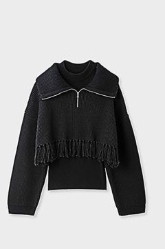 3WAYレイヤードフリンジニットTOPS(ブラック)羊毛/ インナーノースリーブセット